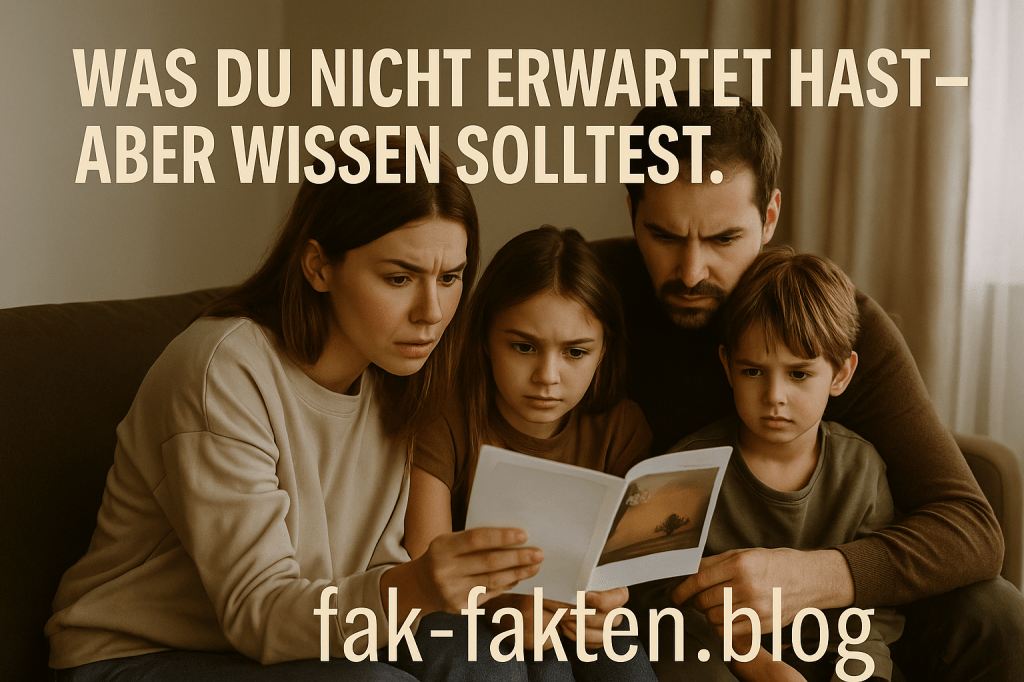 Eine Familie sitzt abends gemeinsam am Tisch, liest mit Neugier und Überraschung in einer Broschüre mit dem Logo von Fak-Fakten. Die Szene ist warm beleuchtet, ein Hauch von Staunen liegt in der Luft.