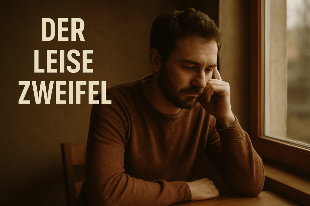 Nachdenklicher Mann am Fenster mit ruhigem Gesichtsausdruck, der leise Zweifel symbolisiert. Text „DER LEISE ZWEIFEL“ links im Bild eingeblendet.