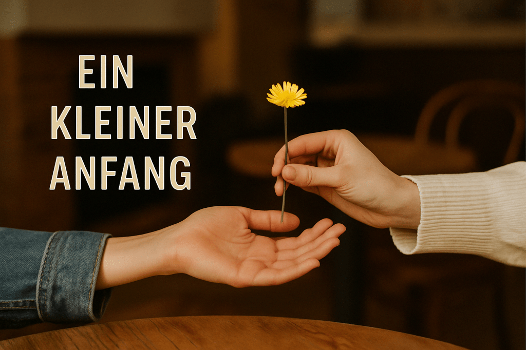 Zwei Hände im sanften Austausch – eine kleine gelbe Blume wird überreicht. Text „EIN KLEINER ANFANG“ links im Bild. Symbol für Hoffnung, Geste und Neubeginn.