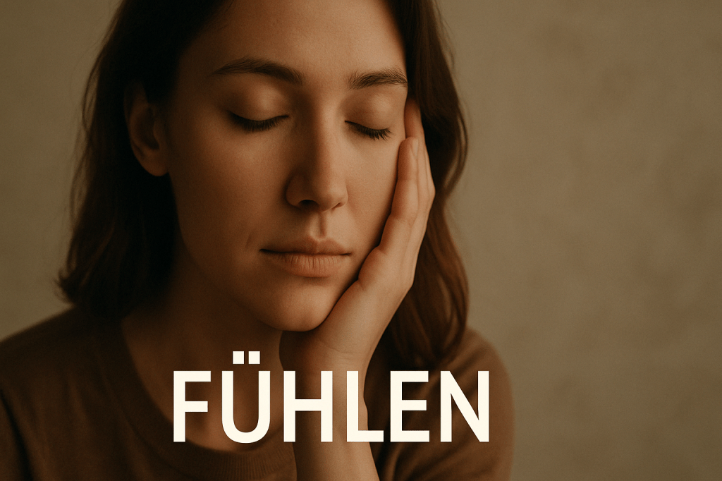 Junge Frau in ruhigem Moment mit geschlossenen Augen, die Hände an den Schläfen – Symbol für inneres Fühlen, Achtsamkeit und emotionale Tiefe. Text „FÜHLEN“ ist eingeblendet.