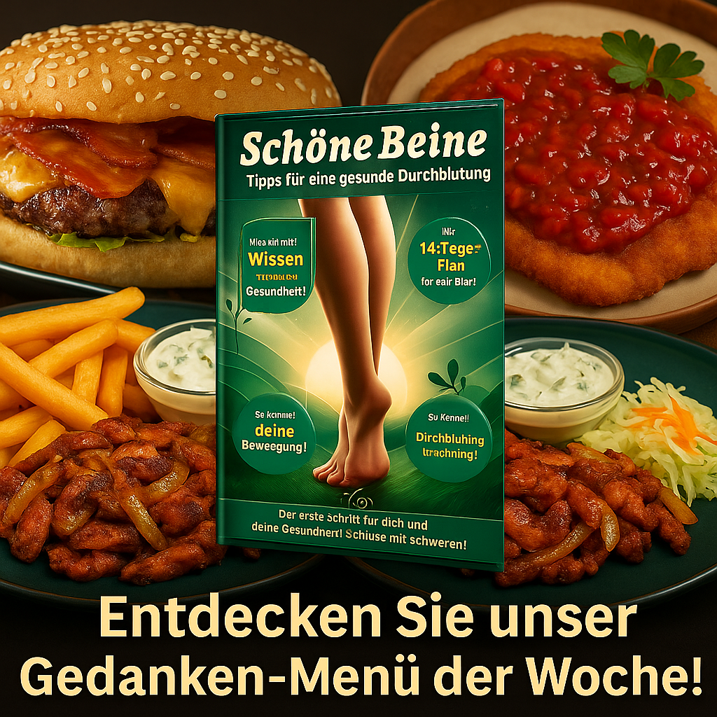 Broschüre „Schöne Beine“ vor Imbissgerichten mit dem Hinweis: Gedanken-Menü der Woche entdecken