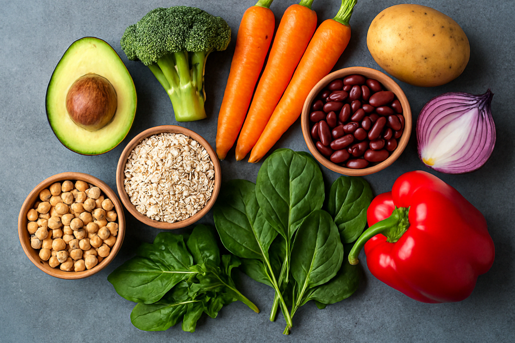 Frisches Gemüse, Nüsse und gesunde Zutaten als Symbol für natürliche Ernährung