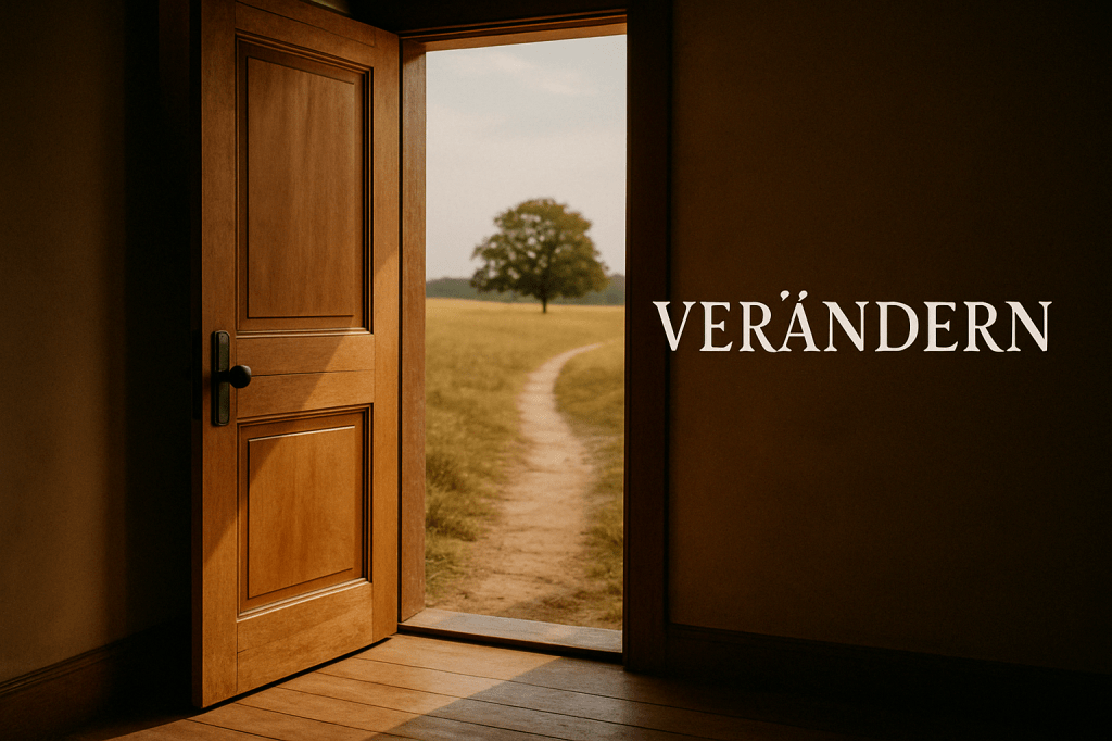 Geöffnete Holztür führt aus einem dunklen Raum ins helle Licht – Symbol für Aufbruch, Entscheidung und Veränderung.