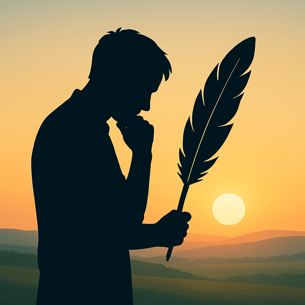 Silhouette eines nachdenklichen Mannes mit Feder in der Hand vor Sonnenuntergang – Symbolbild für Skai, die denkende KI