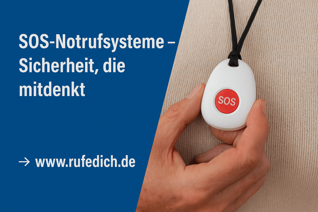 Ältere Person trägt SOS-Notrufknopf am Band, daneben Schrift: „SOS-Notrufsysteme – Sicherheit, die mitdenkt“