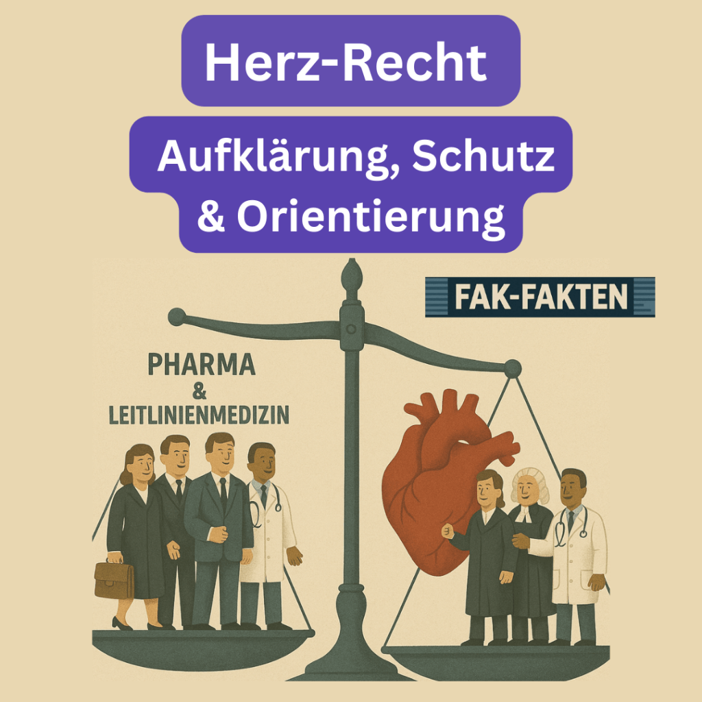 Illustration einer Waage: Links Pharma & Leitlinienmedizin, rechts ein Herz mit Anwälten, Richtern und Ärzten – das Herz wiegt schwerer. Symbol für Herz-Recht: Aufklärung, Schutz & Orientierung.