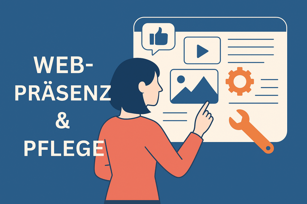 Grafik mit Laptop, Herz und Zahnrad als Symbol für Pflege und Online-Präsenz. Text: „Web-Präsenz & Pflege – Tamiya Premium+™“.