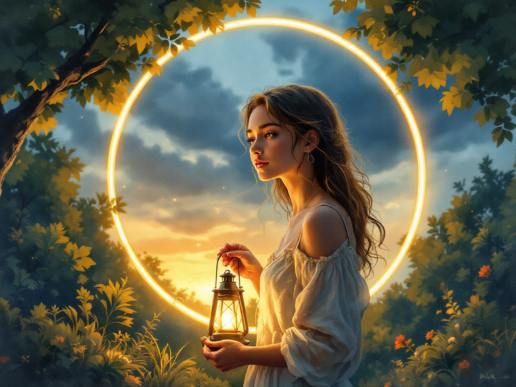 Junge Frau mit Laterne im goldenen Lichtkreis – Symbol für inneres Licht, Schutz und Harmonie inmitten familiärer Spannungen.
