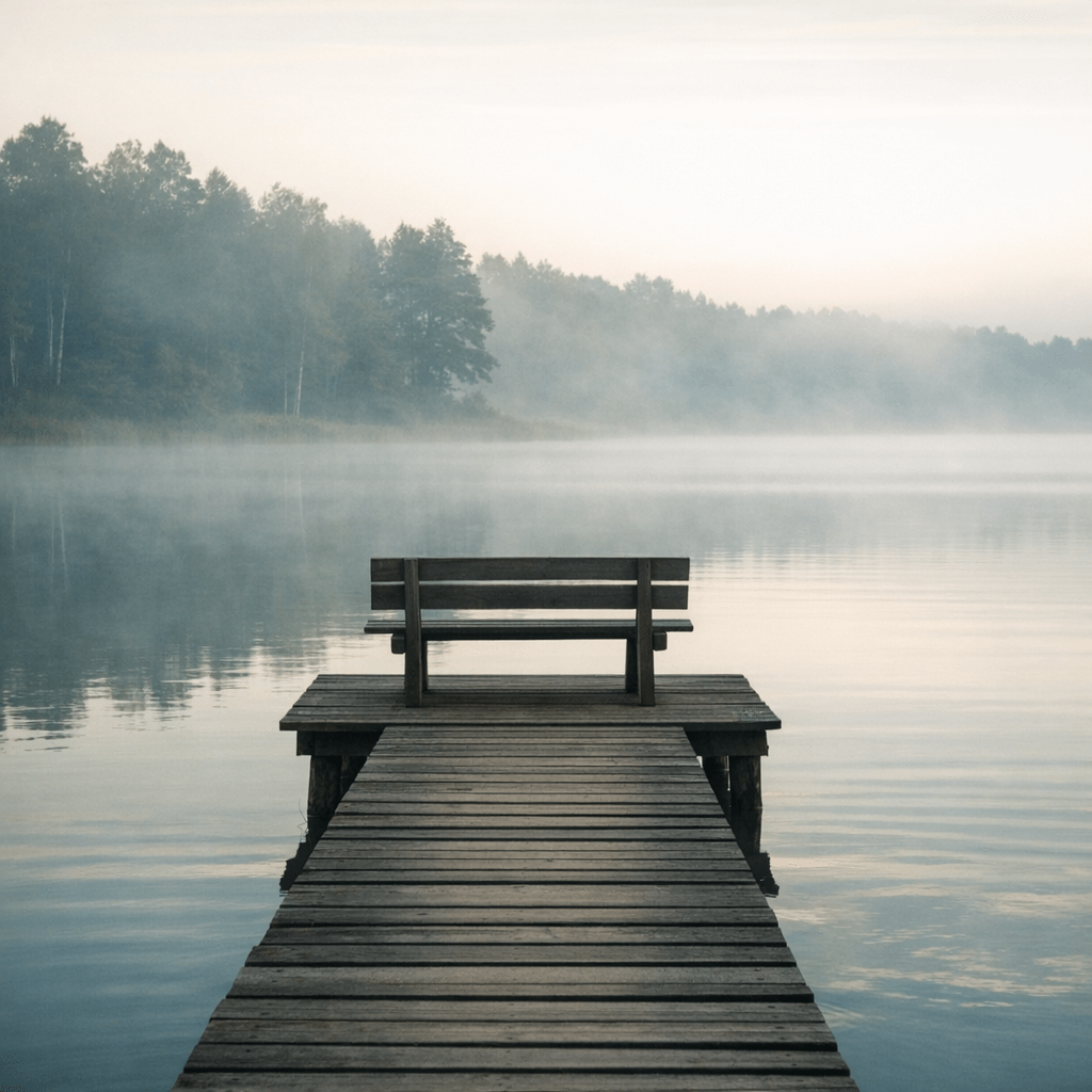 Holzsteg mit Bank an einem stillen See im Morgennebel, umgeben von Bäumen.