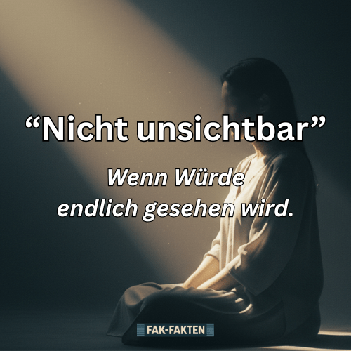 Eine sitzende Frau im Halbdunkel, von einem schmalen Lichtstrahl erfasst. Symbolbild für chronische Krankheit, Würde und Sichtbarkeit. Text im Bild: „Nicht unsichtbar – Wenn Würde endlich gesehen wird.“