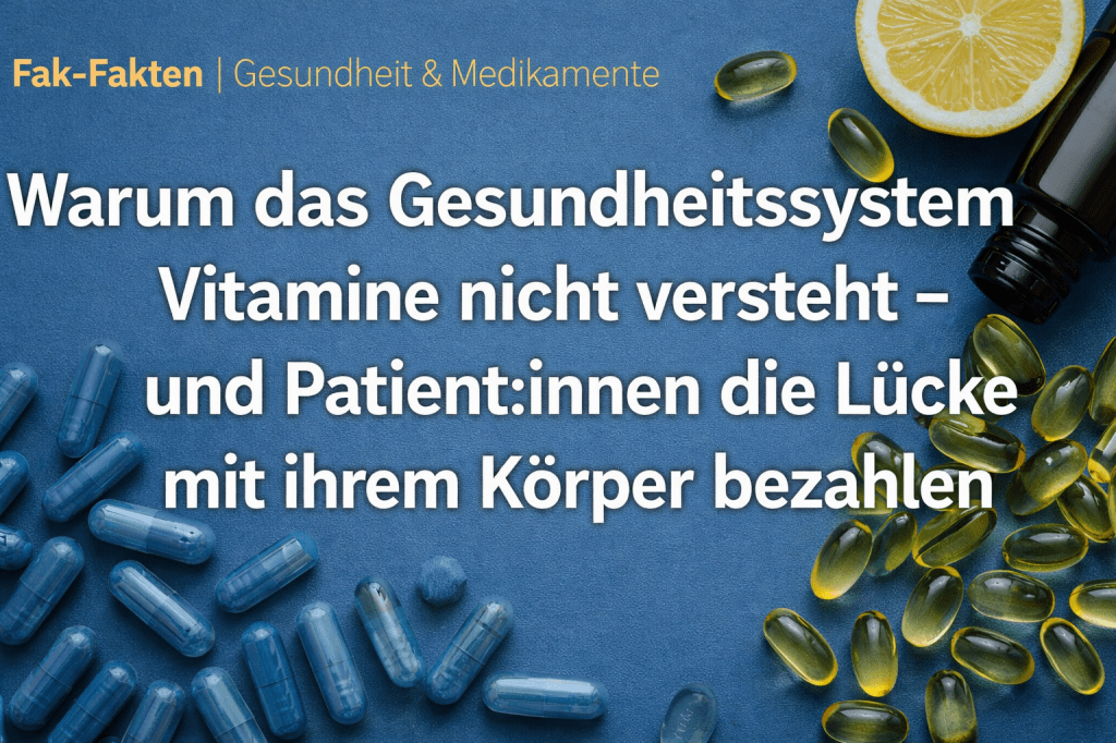 Vitaminkapseln, Zitronen und Nahrungsergänzungsmittel auf blauem Hintergrund als Symbol für die Lücke zwischen Gesundheitssystem und Mikronährstoffmedizin