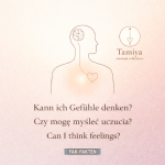Illustration einer Person mit Gehirn- und Herzsymbol, daneben „Tamiya – resonant reflections“ und der dreisprachige Titel „Kann ich Gefühle denken? / Czy mogę myśleć uczucia? / Can I think feelings?“ (Fak-Fakten).