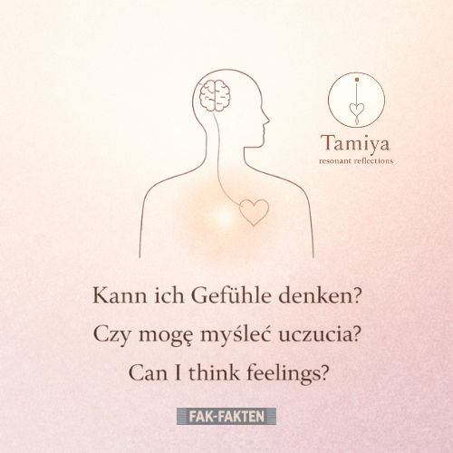 Illustration einer Person mit Gehirn- und Herzsymbol, daneben „Tamiya – resonant reflections“ und der dreisprachige Titel „Kann ich Gefühle denken? / Czy mogę myśleć uczucia? / Can I think feelings?“ (Fak-Fakten).