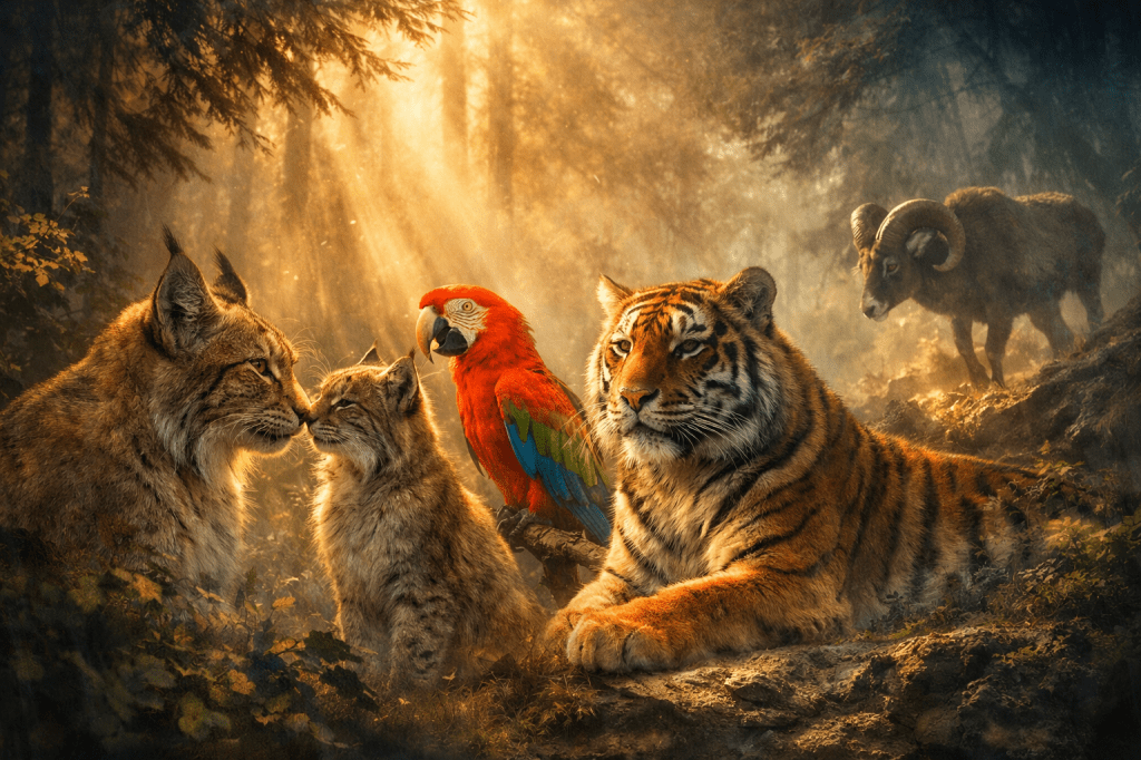 Mystische Waldszene mit Luchs, Tiger, Papagei und Mufflon im warmen Licht – symbolische Darstellung von Klarheit, Identität und Wahrnehmung