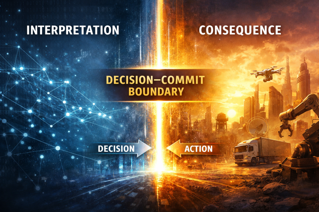 Visualisierung der Decision–Commit Boundary: Übergang von Interpretation zu realer Konsequenz in KI-Systemen