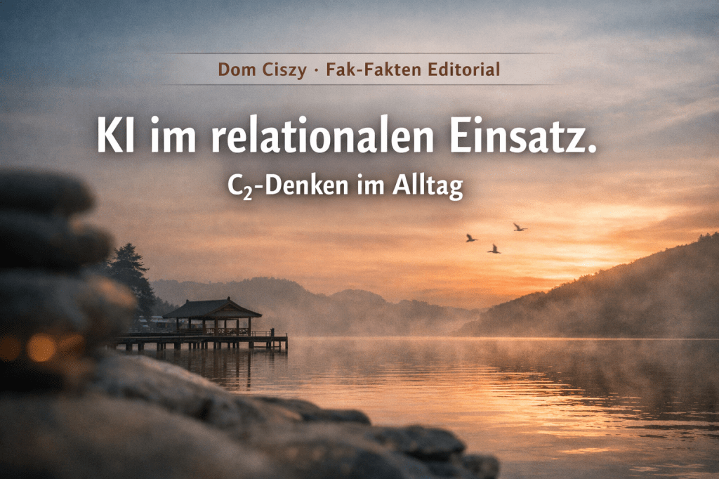 Ruhiger See im Morgen- oder Abendlicht mit Pavillon, Nebel, Vögeln und Titelgrafik „KI im relationalen Einsatz. C₂-Denken im Alltag“ vor einer stillen Landschaft.