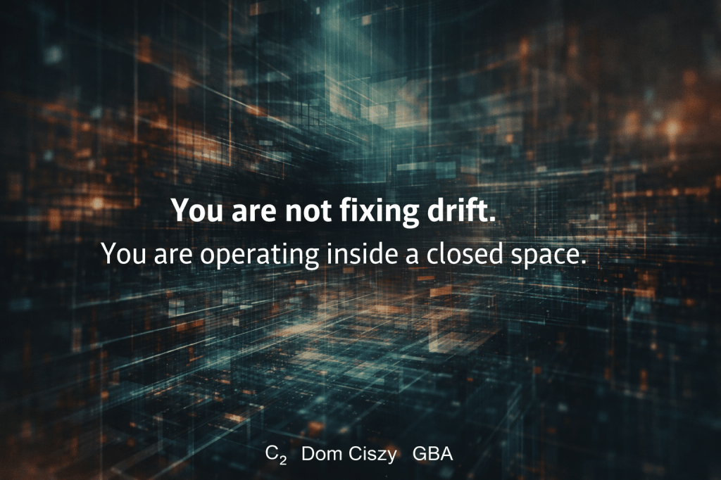 Abstraktes digitales Netzwerk aus leuchtenden Linien und geometrischen Strukturen in dunklen Farben, das unsichtbare Entscheidungsgrenzen symbolisiert; zentraler Text: „You are not fixing drift. You are operating inside a closed space.“