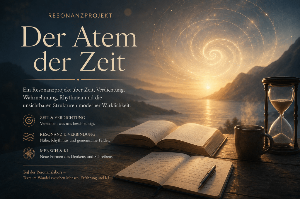 Buchcover „Der Atem der Zeit“ von Caroline Thongsan und Andrzej Skulski mit goldener Resonanzspirale über ruhigem Wasser.