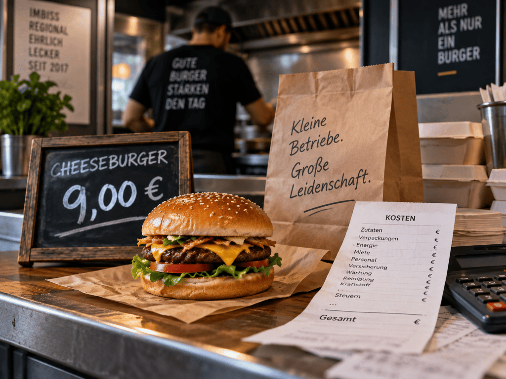 Cheeseburger in einem kleinen Imbiss als Symbol für gestiegene Kosten, Inflation und die wirtschaftliche Belastung kleiner Gastronomiebetriebe.