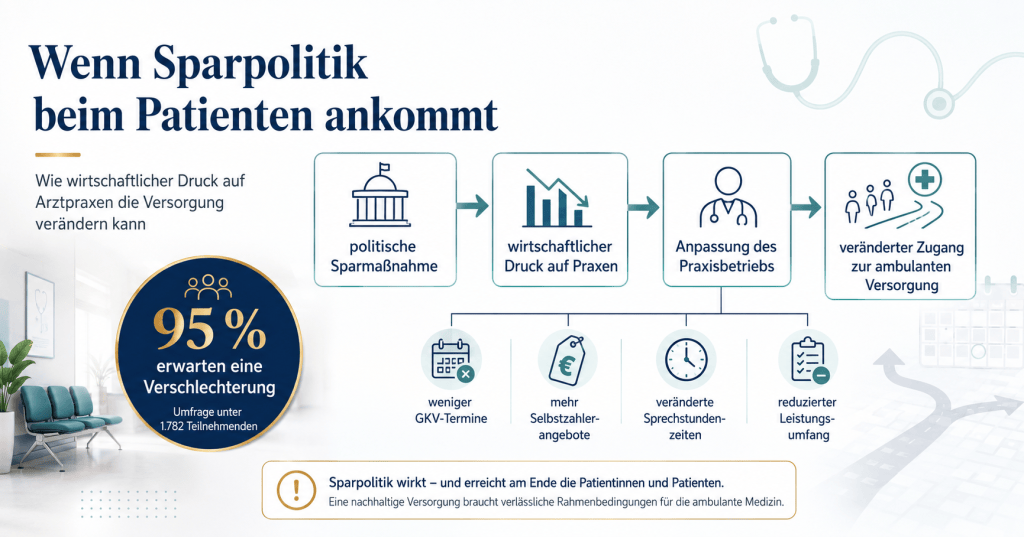 Infografik zum Zusammenhang zwischen Sparpolitik, wirtschaftlichem Druck auf Arztpraxen, Praxisanpassungen und verändertem Zugang zur ambulanten Patientenversorgung.