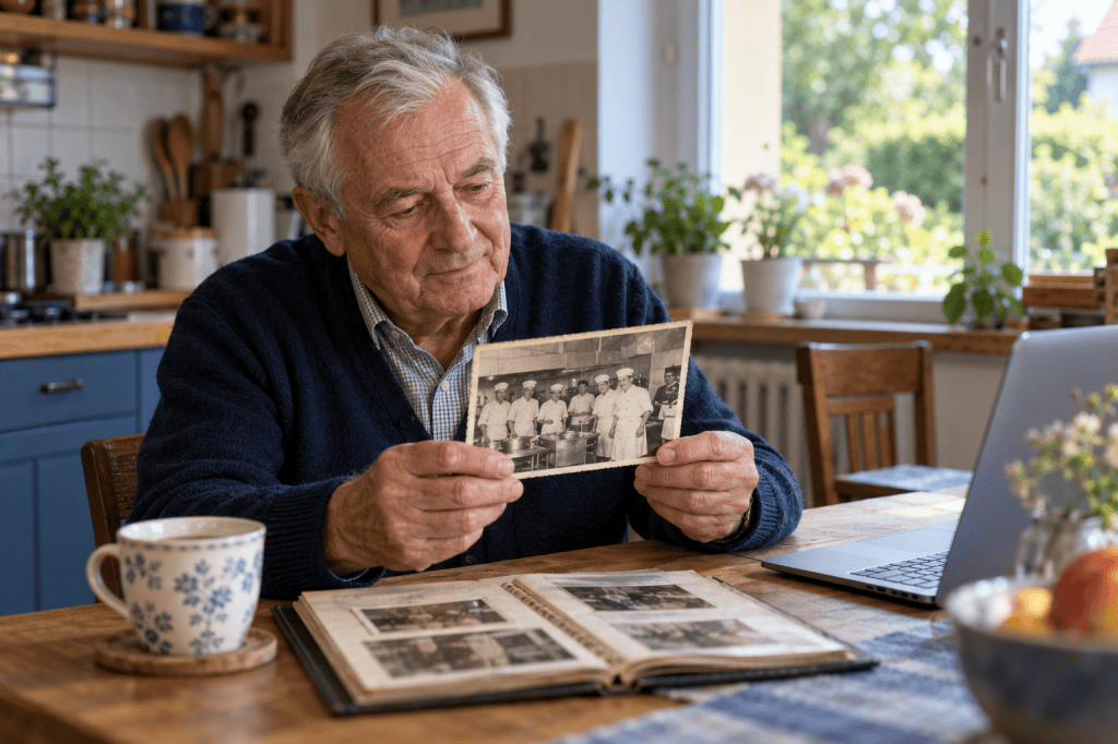 Älterer Mann betrachtet am Küchentisch ein historisches Küchenfoto; vor ihm liegen ein Fotoalbum und ein Laptop.