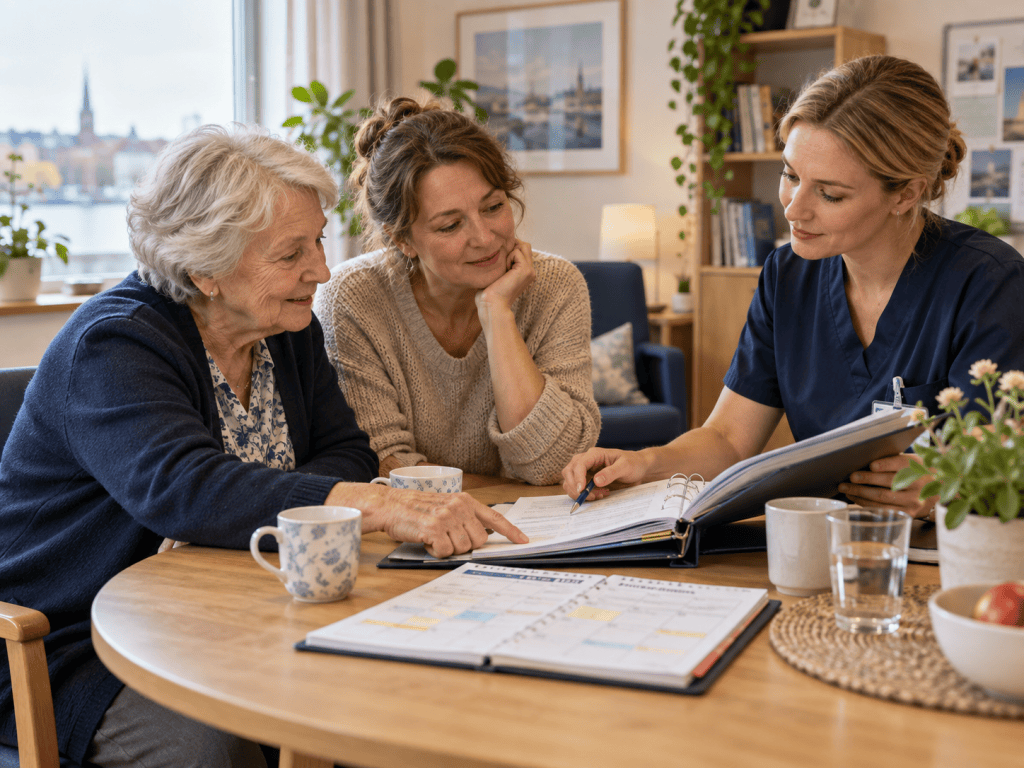 Ältere Frau, Angehörige und Pflegefachkraft besprechen gemeinsam Unterlagen und einen Wochenplan am Tisch.